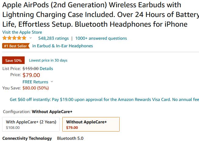 新低價！Apple AirPods 2代無線藍牙耳機 海淘降至$79